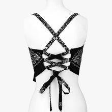 Load image into Gallery viewer, Black bandana top back view of criss cross lacing through d-rings and adjustable shoulder straps