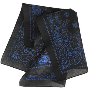 Black bandana with blue paisley print a folded view
