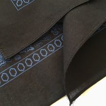 Load image into Gallery viewer, hemmed edge of black and blue floral and paisley print bandana