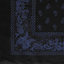 Load image into Gallery viewer, blue and black paisley and floral print bandana corner view
