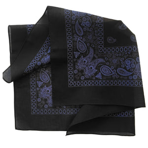 black and blue bandana with floral and paisley print folded to see print on both sides