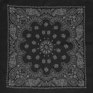 Black bandana with gray paisley print whole pattern view