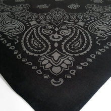 Load image into Gallery viewer, Black and gray paisley bandana shown at an angle