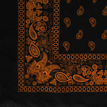 Load image into Gallery viewer, Black and orange paisley bandana with flower print, corner view