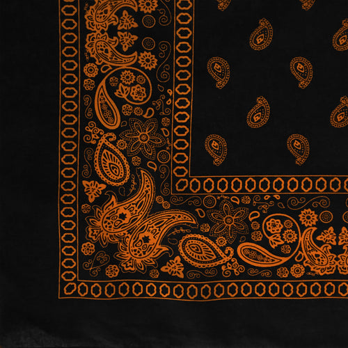 Black and orange paisley bandana with flower print, corner view