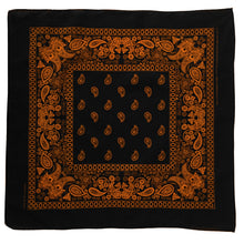 Load image into Gallery viewer, Black bandanna with orange floral and paisley print whole view