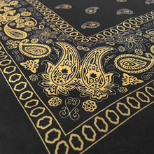 Load image into Gallery viewer, Black and yellow floral paisley bandana angle view