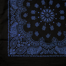 Load image into Gallery viewer, Black and blue paisley bandana quarter view