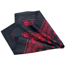 Load image into Gallery viewer, black bandana with red print on both sides, folded