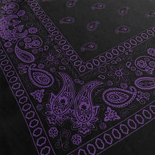 Load image into Gallery viewer, Black and purple bandana with paisley print closeup of corner
